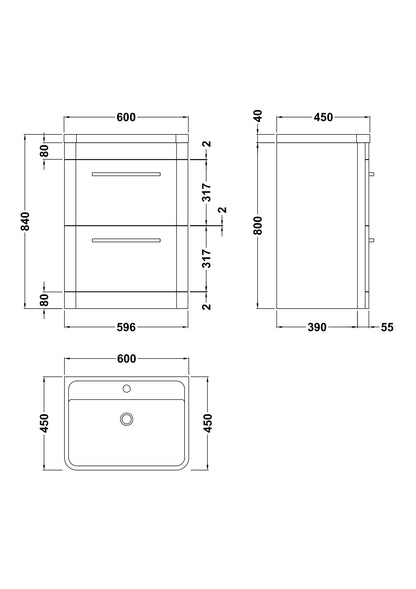 Hudson Reed Solar 600mm Indigo Blue Floor Standing 2 Drawer Vanity Unit With Polymarble Basin