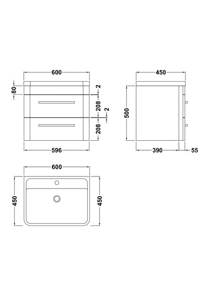 Hudson Reed Solar 600mm Indigo Blue 2 Drawer Wall Hung Vanity Unit With Polymarble Basin