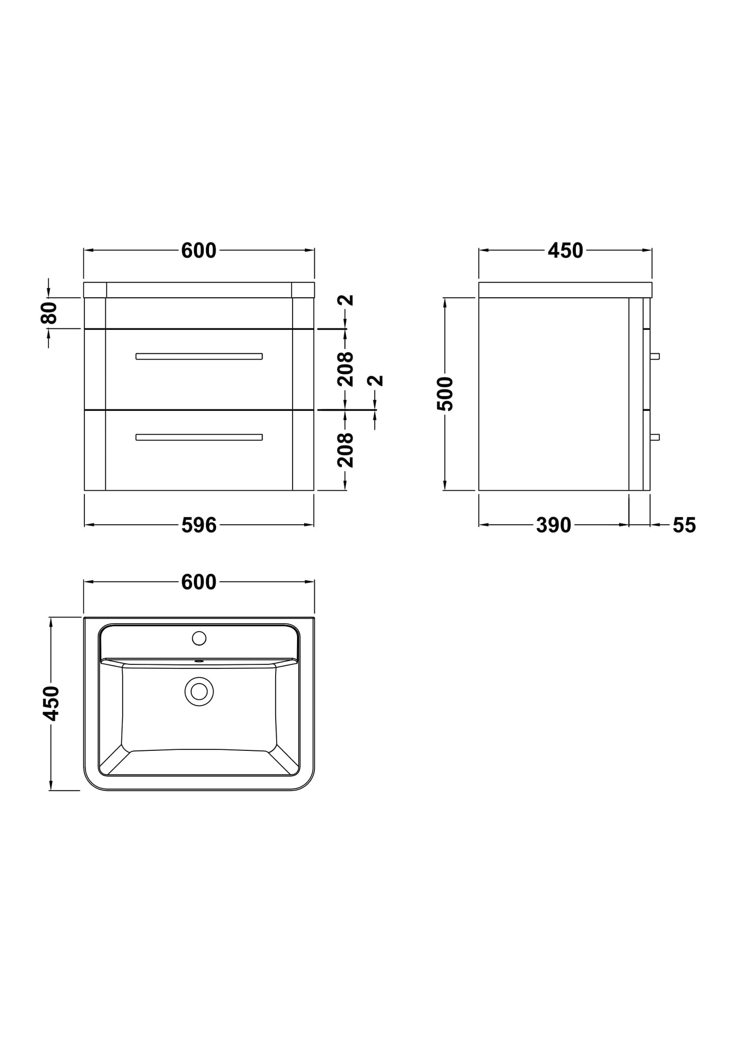 Solar 600mm Wall Hung 2-Drawer Unit and Ceramic 1 Tap Hole Basin