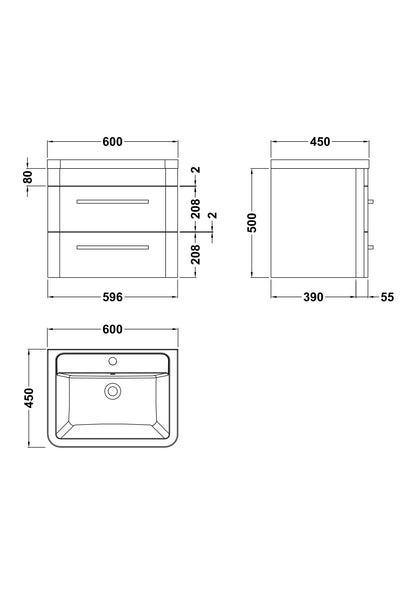 Solar 600mm Wall Hung 2-Drawer Unit and Ceramic 1 Tap Hole Basin