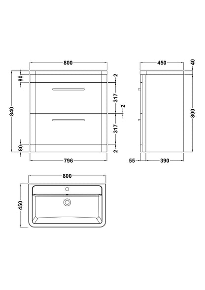Hudson Reed Solar 800mm Floor Standing 2-Drawer Vanity Unit With Ceramic Basin
