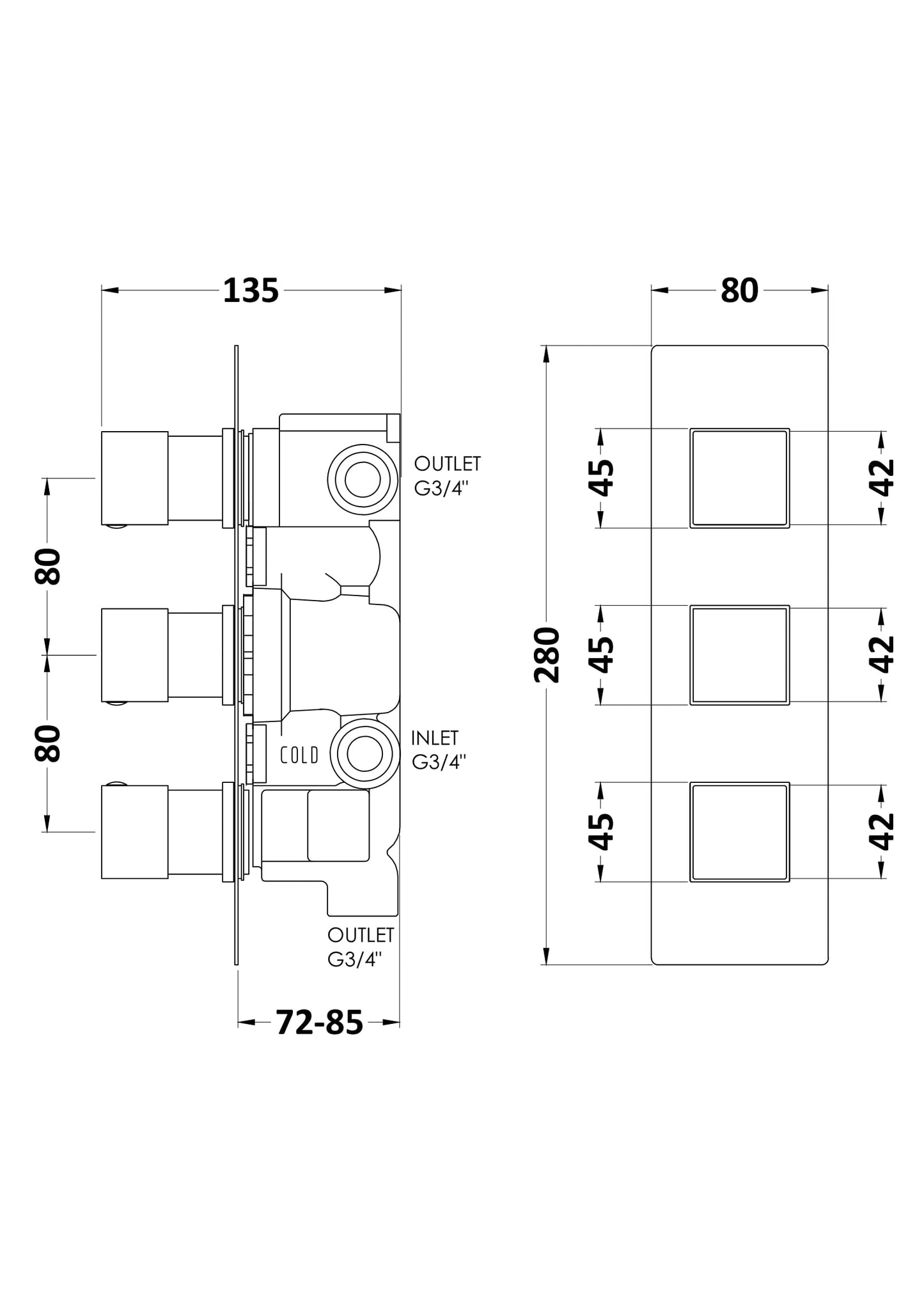 Square Valves Triple Valve with Diverter