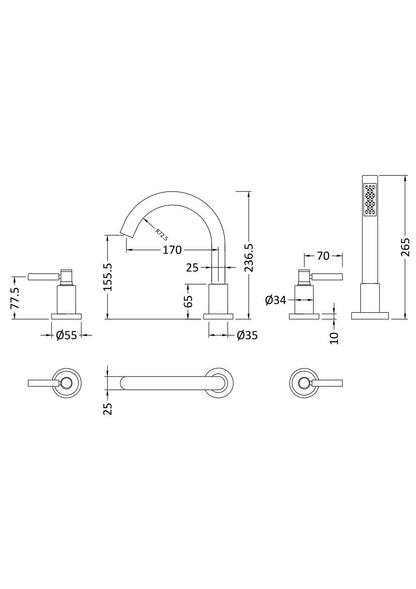 Hudson Reed Tec Lever 4 Tap Hole Bath Shower Mixer Tap With Shower Kit