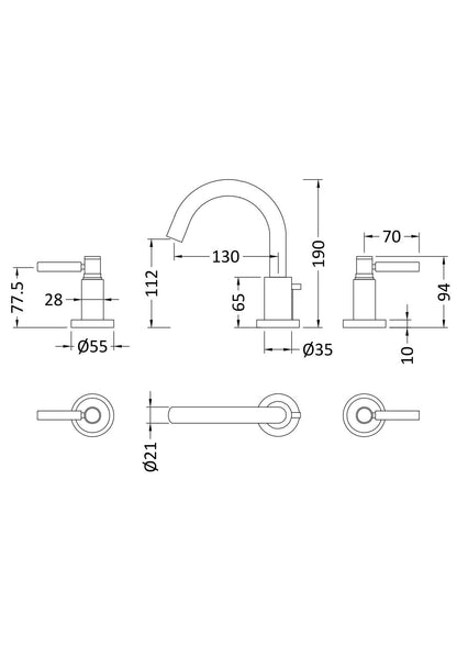 Tec Lever 3 Tap Hole Basin Mixer