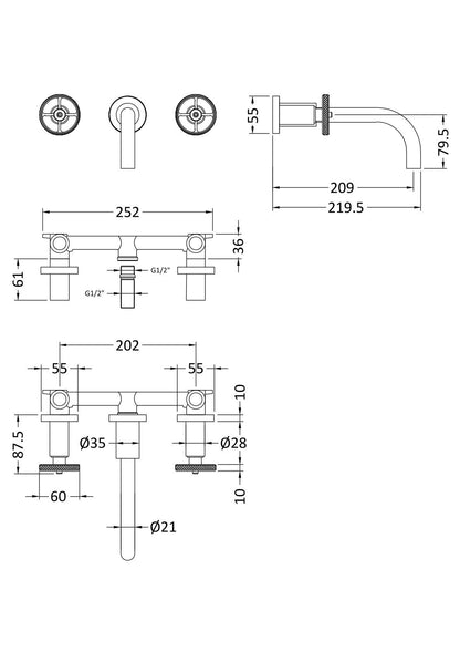 Revolution Wall Mounted Basin Mixer Brushed Brass