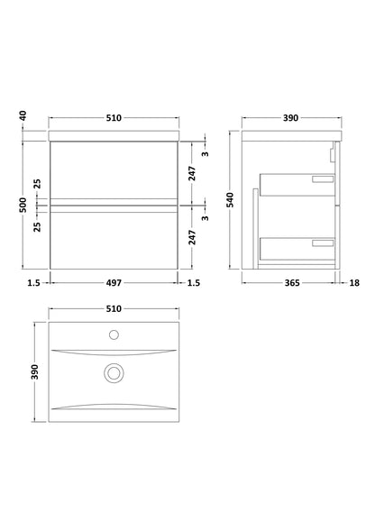 Hudson Reed Urban 500mm Wall Hung 2 Drawer Vanity Unit with Mid-Edge Basin