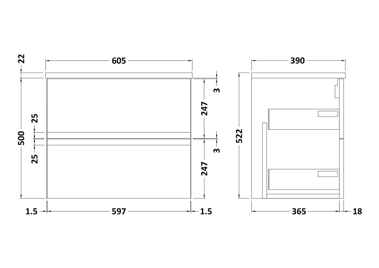 Hudson Reed Urban 600mm Satin White Wall Hung 2 Drawer Vanity Unit With Laminate Worktop