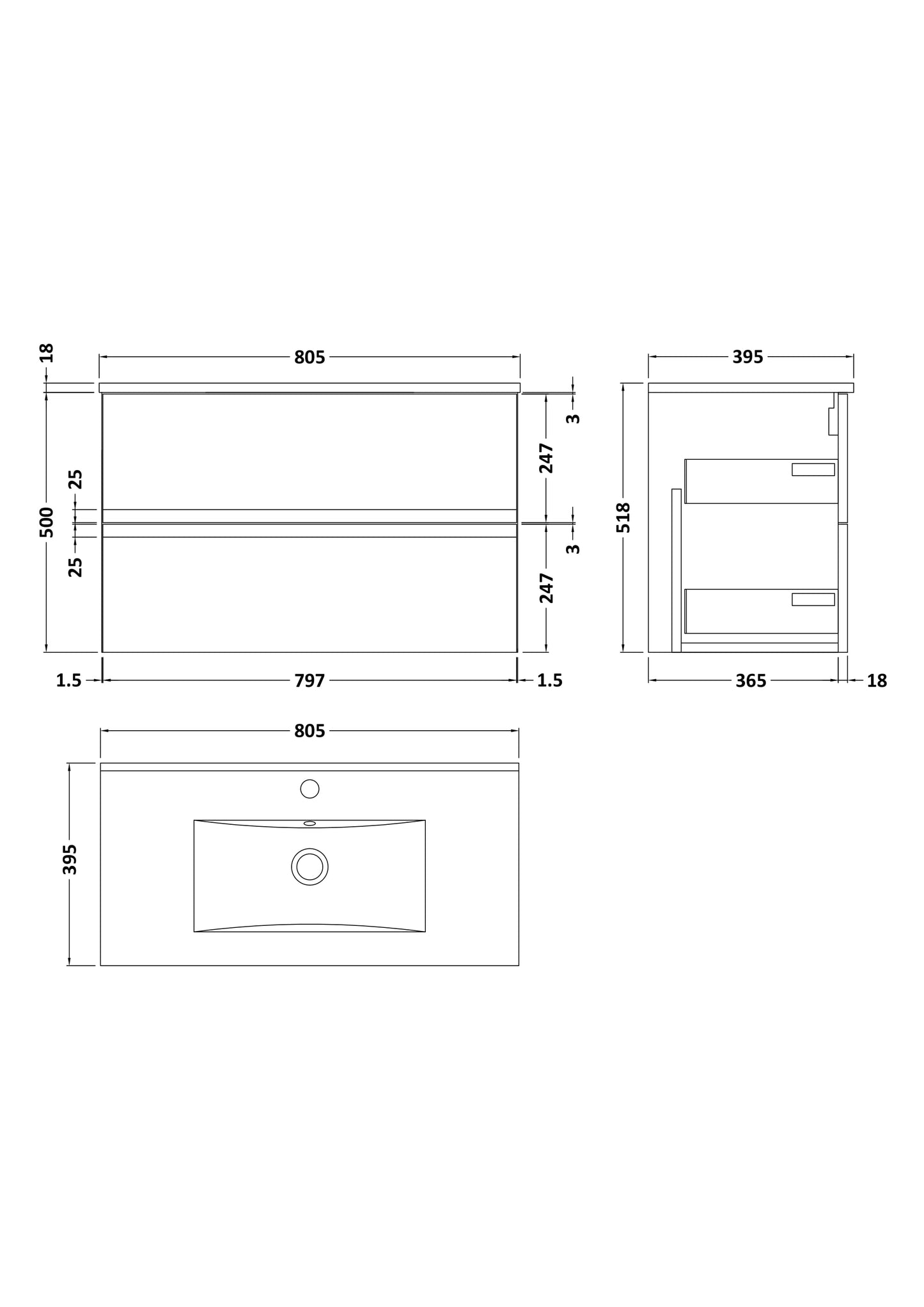 Hudson Reed Urban 800mm Soft Black Wall Hung 2 Drawer Soft Close Vanity Unit with Basin