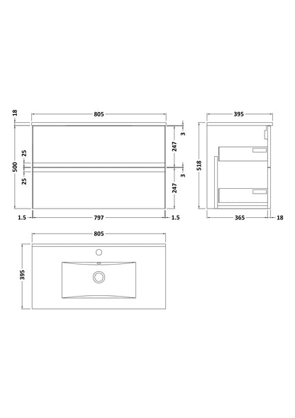 Hudson Reed Urban 800mm Soft Black Wall Hung 2 Drawer Soft Close Vanity Unit with Basin