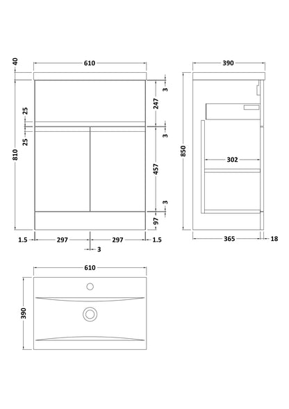 Urban Floor Standing 2 Door 1 Drawer Vanity Unit with Mid-Edge Basin 600mm