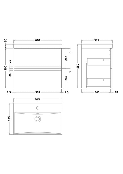 Hudson Reed Urban 600mm 2 Drawer Wall Hung Vanity Unit With Basin