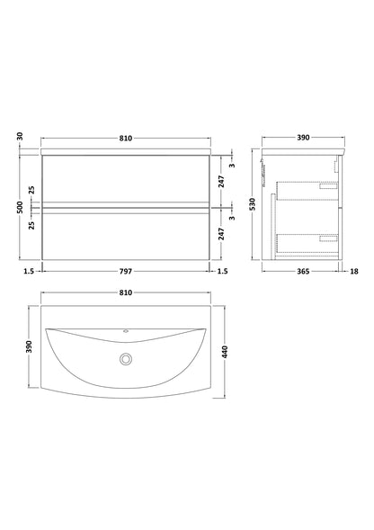 Hudson Reed Urban 800mm Wall Hung 2 Drawer Vanity Unit with Curved Basin