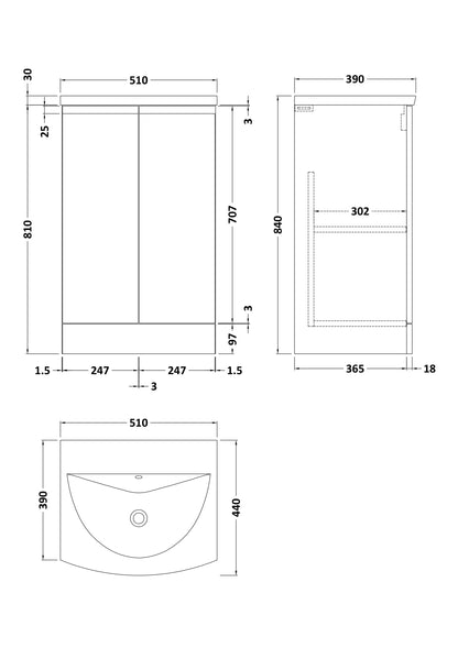 Urban Floor Standing 2 Door Vanity Unit with Curved Basin 500mm