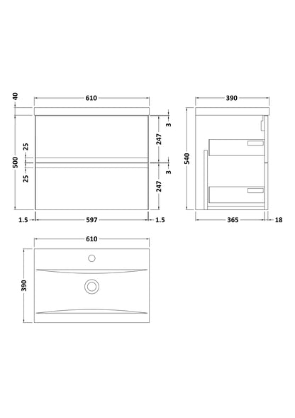 Urban 600mm Wall Hung 2-Drawer Unit and Mid-Edge Basin 1 Tap Hole