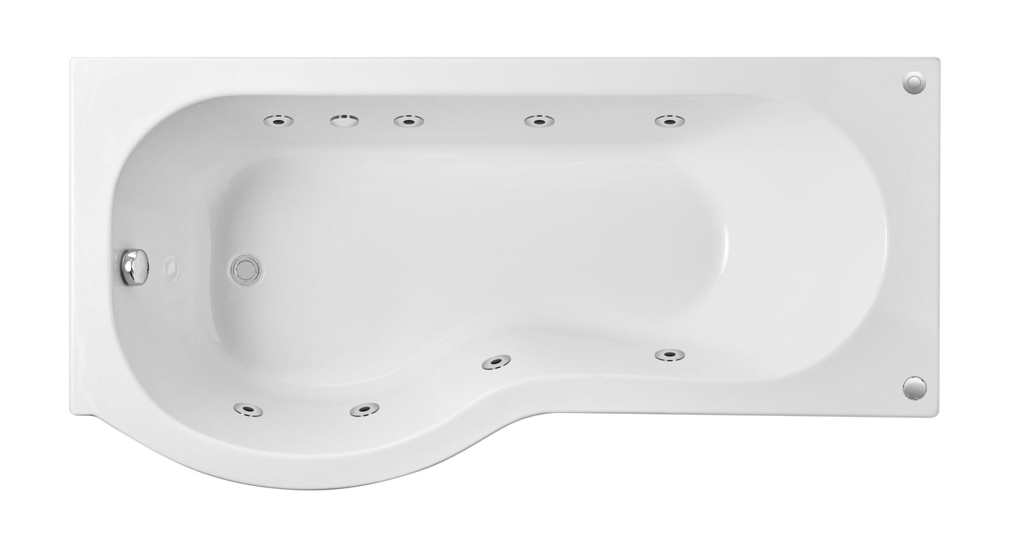 1700mm P Shape 8 Jet Whirlpool Bath Left Hand - Chrome