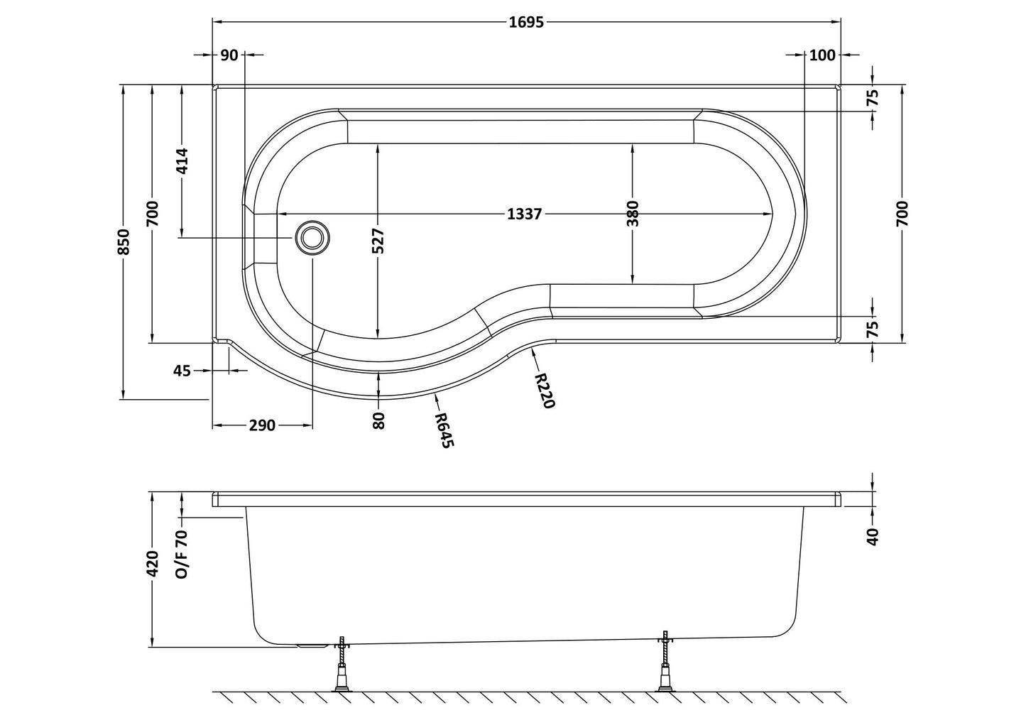 1700mm P Shape 8 Jet Whirlpool Bath Left Hand - Chrome