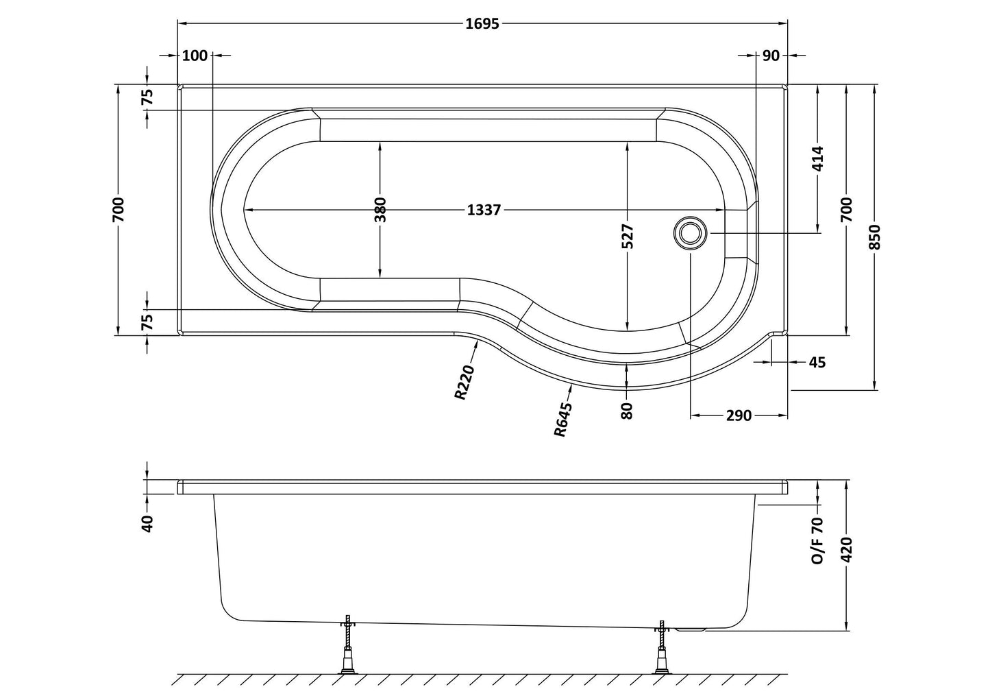 1700mm P Shape 8 Jet Whirlpool Bath Right Hand - Chrome