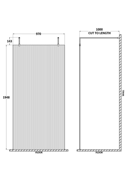 Hudson Reed 970mm Frameless Matt Black Fluted Wetroom Screen With Arms And Feet