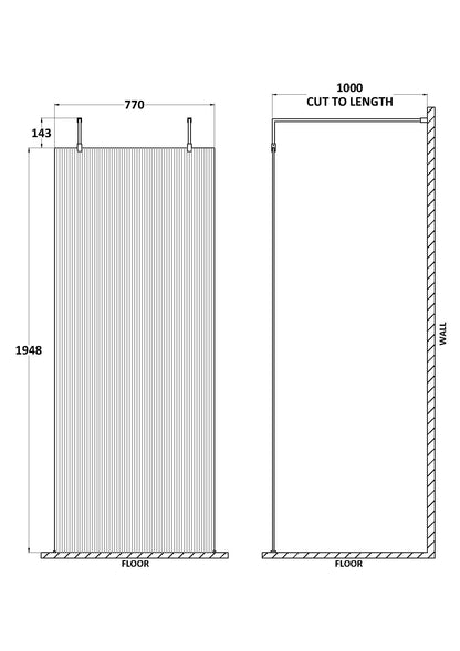 Hudson Reed 770mm Frameless Brushed Brass Fluted Wetroom Screen With Arms And Feet