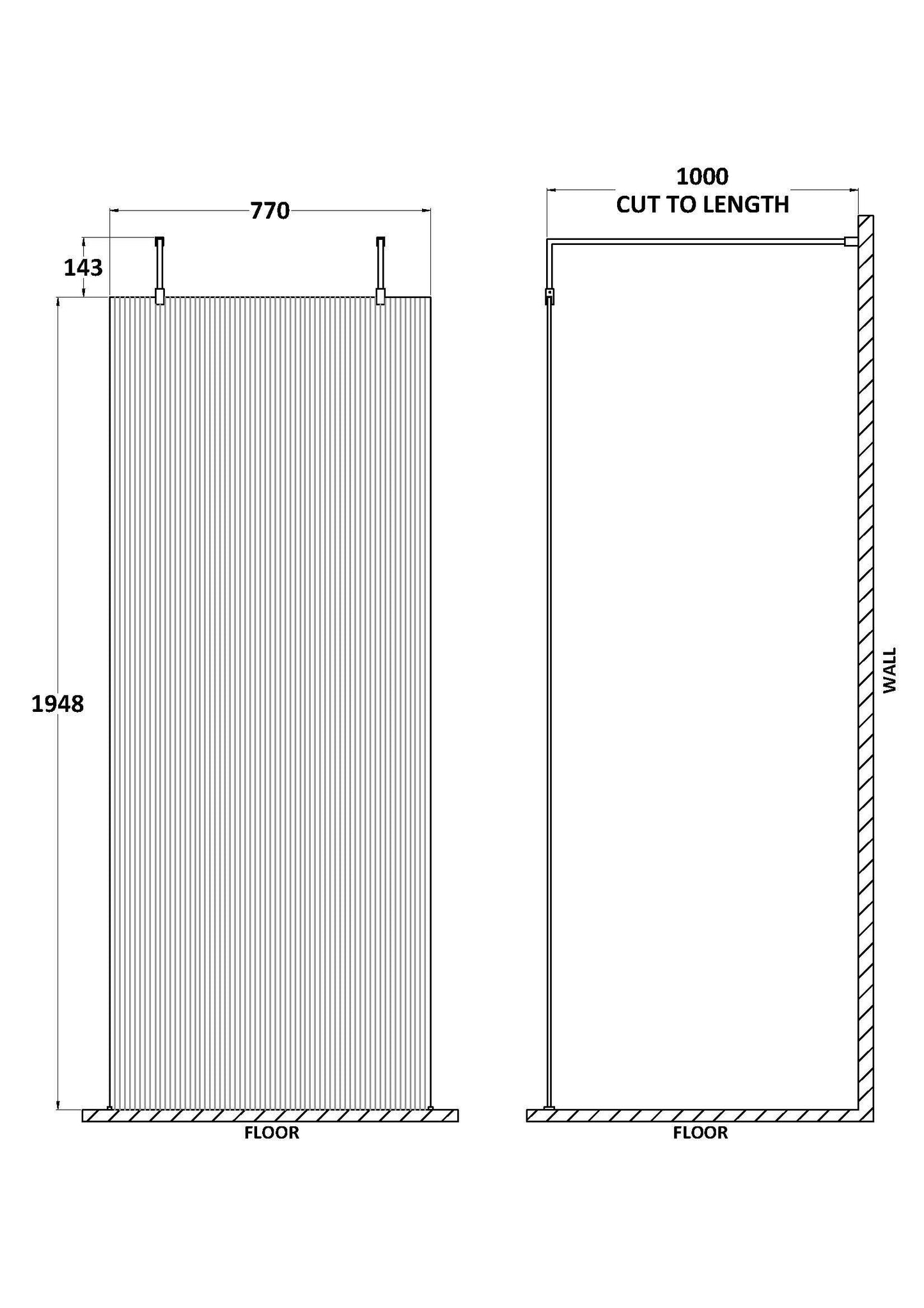 Hudson Reed 770mm Frameless Matt Black Fluted Wetroom Screen With Arms And Feet
