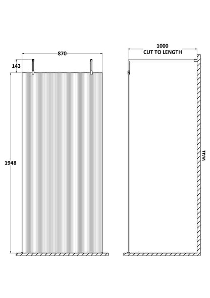 Hudson Reed 870mm Frameless Chrome Fluted Wetroom Screen With Arms And Feet