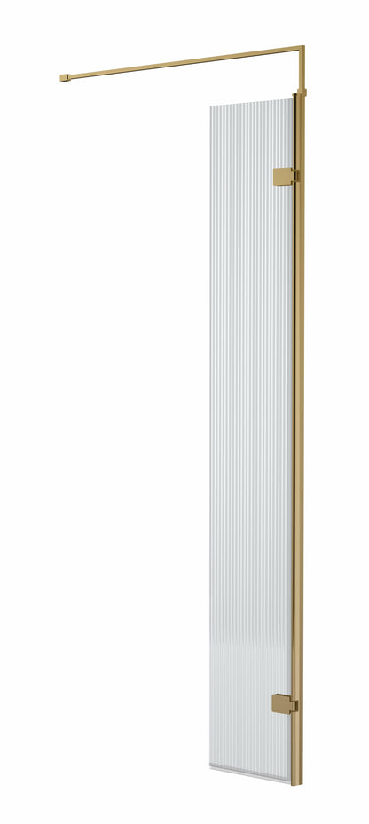 Synergy 322mm Semi-Frameless Brushed Brass Fluted Hinged Wetroom Screen With Support Bar