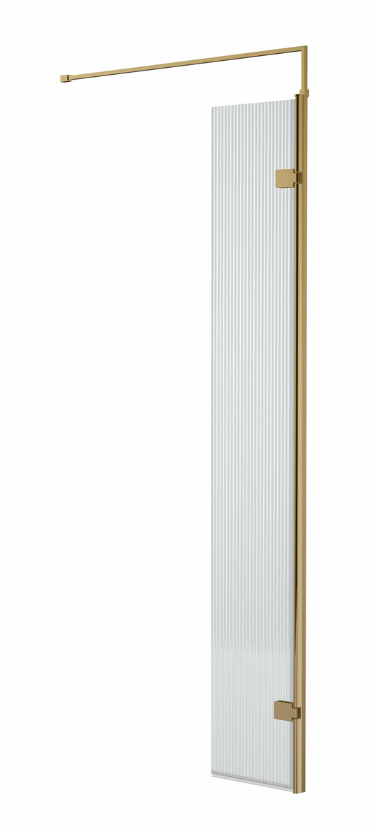 Synergy 322mm Semi-Frameless Brushed Brass Fluted Hinged Wetroom Screen With Support Bar
