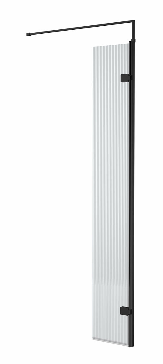 Synergy 322mm Semi-Frameless Matt Black Fluted Hinged Wetroom Screen With Support Bar