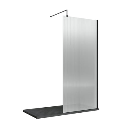 Hudson Reed 850mm Semi-Frameless Matt Black Fluted Wetroom Screen With Support Bar