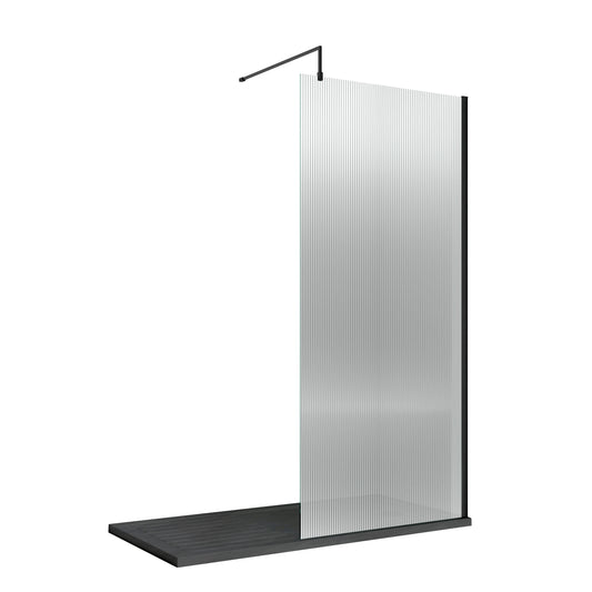 Hudson Reed 850mm Semi-Frameless Matt Black Fluted Wetroom Screen With Support Bar