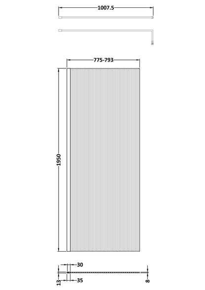 Synergy 800mm Semi-Frameless Chrome Fluted Wetroom Screen With Support Bar