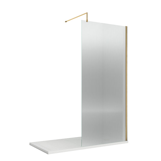Hudson Reed 950mm Semi-Frameless Brushed Brass Fluted Wetroom Screen With Support Bar