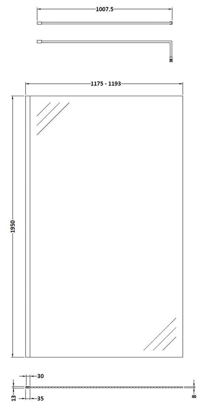 Hudson Reed 1198mm Semi-Frameless Chrome Wetroom Screen With Support Bar