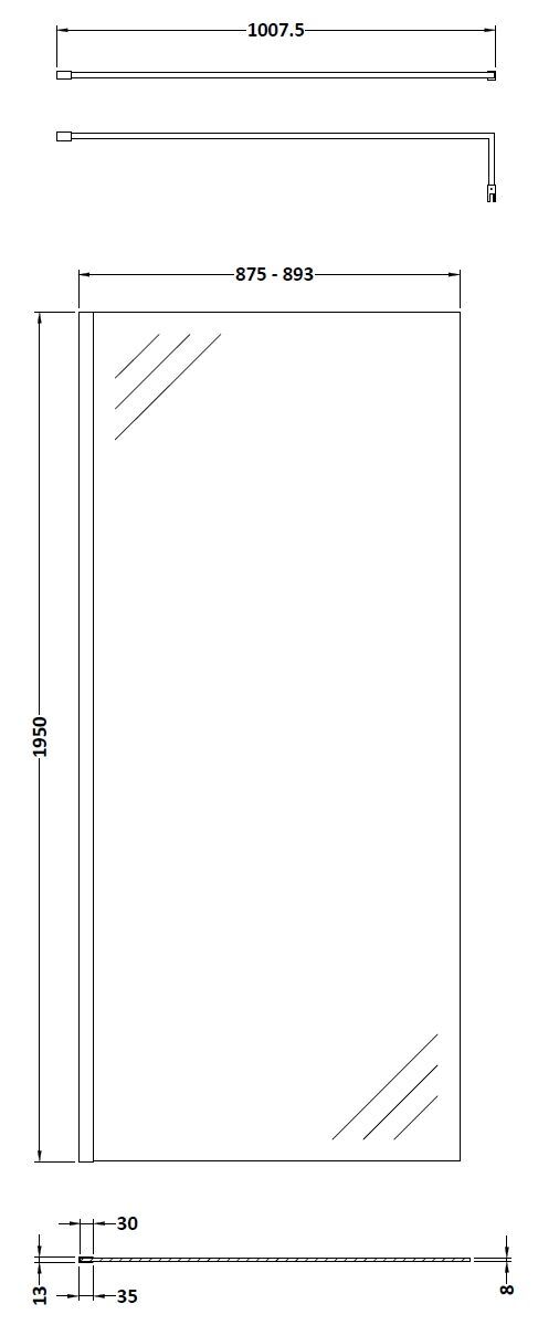 Hudson Reed 900mm Semi-Frameless Brushed Brass Wetroom Screen With Support Bar