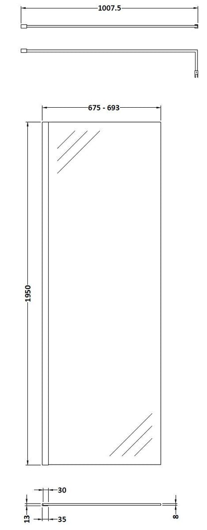 Hudson Reed 700mm Semi-Frameless Matt Black Wetroom Screen With Support Bar