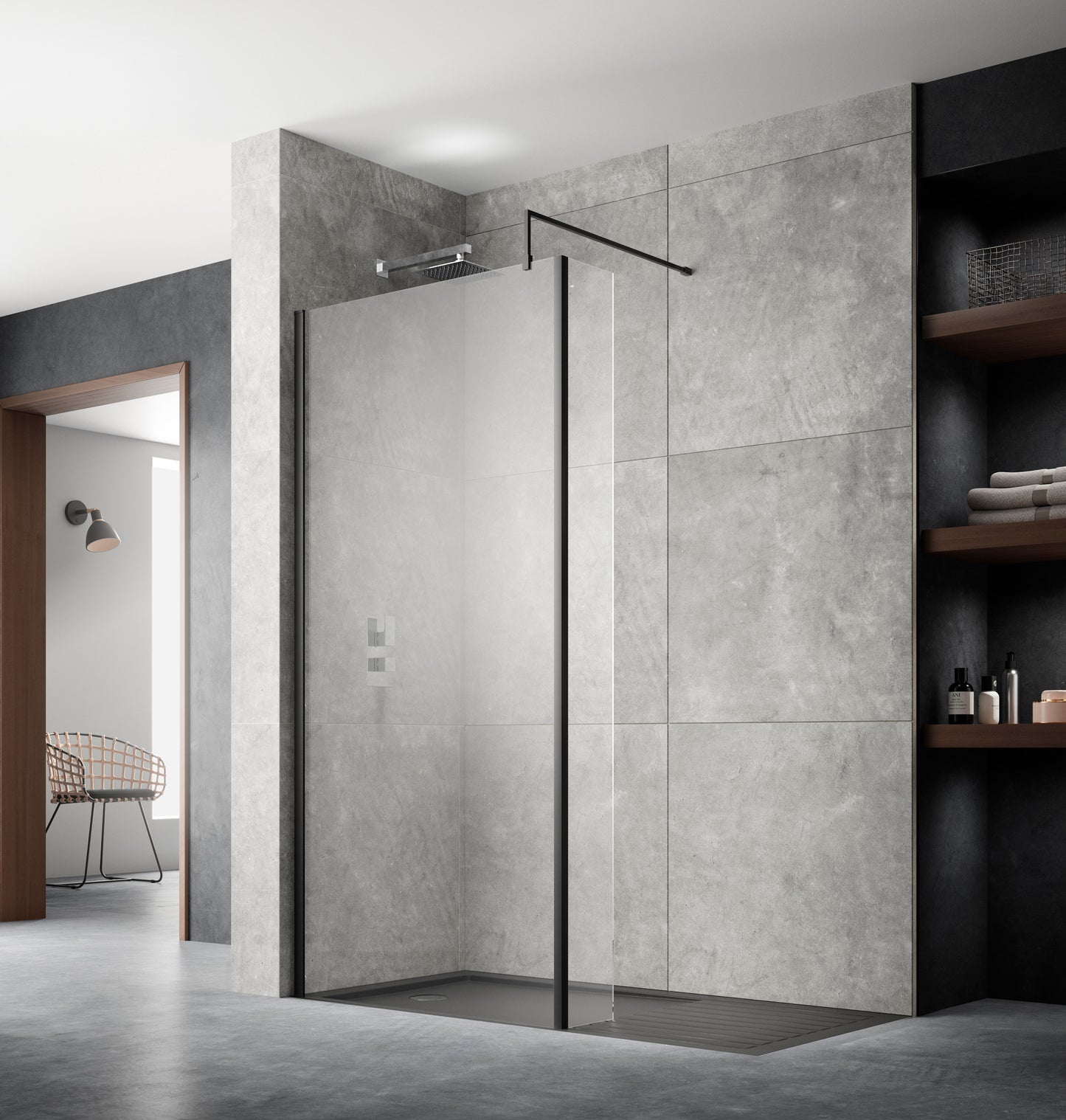 Nuie 800mm Semi-Frameless Matt Black Wetroom Screen With Support Bar