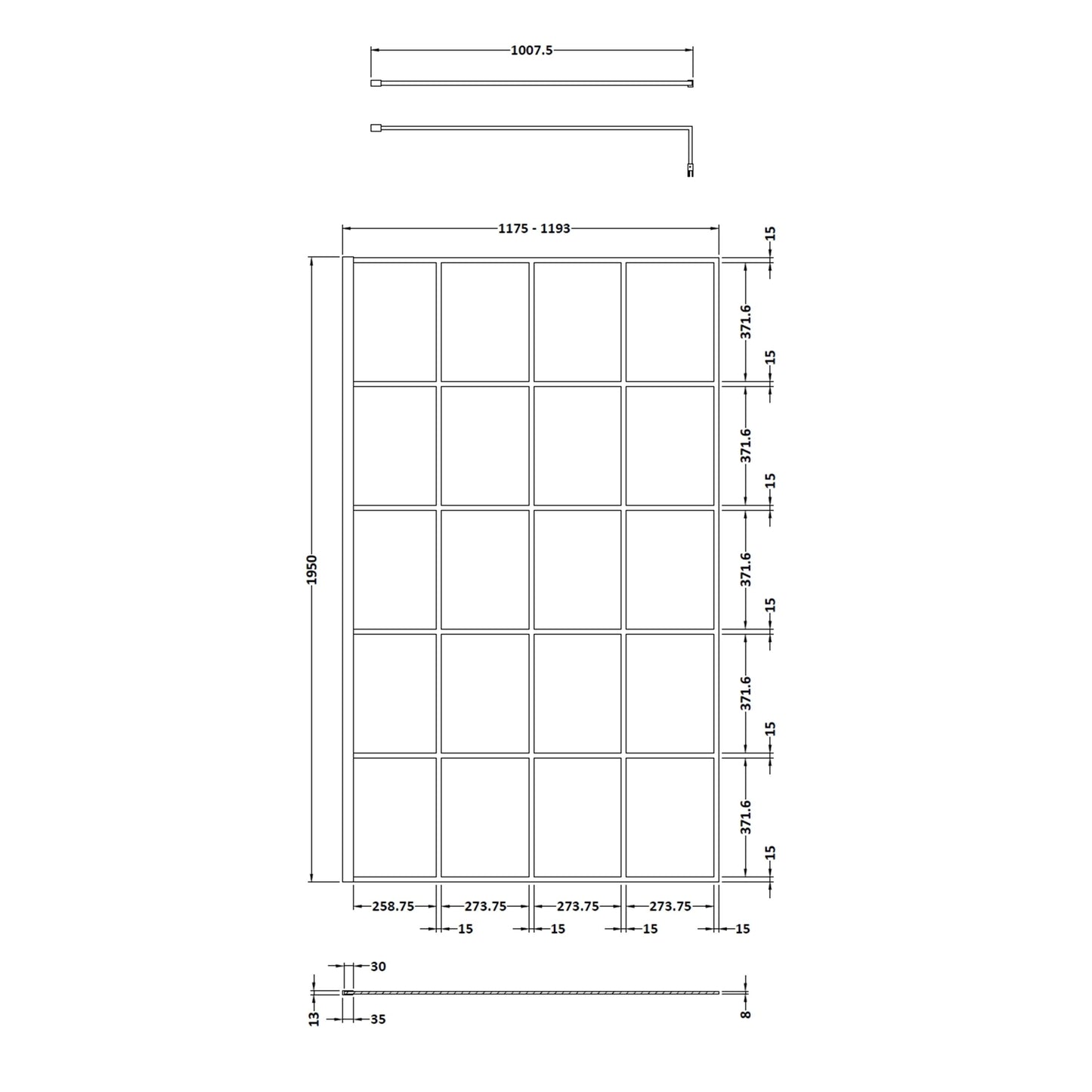 Synergy 1200mm Framed Matt Black Wetroom Screen With Support Bar