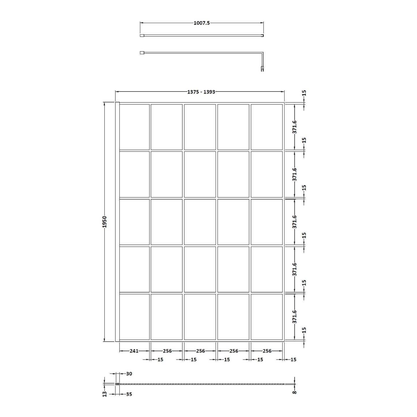 Synergy 1400mm Framed Matt Black Wetroom Screen With Support Bar