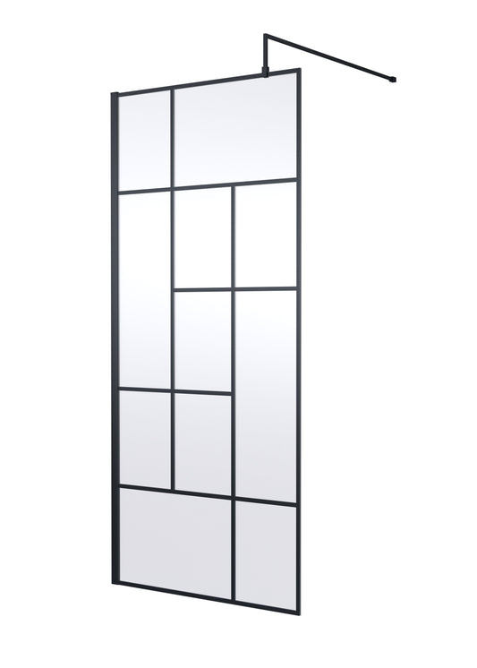 Synergy 900mm Abstract Frame Matt Black Wetroom Screen With Support Bar