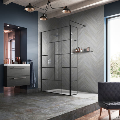Synergy 900mm Abstract Frame Matt Black Wetroom Screen With Support Bar