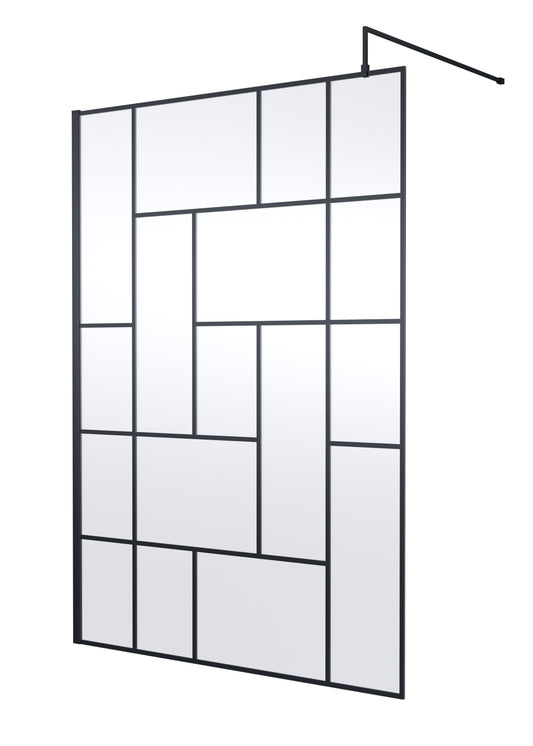 Synergy 1400mm Abstract Frame Matt Black Wetroom Screen With Support Bar