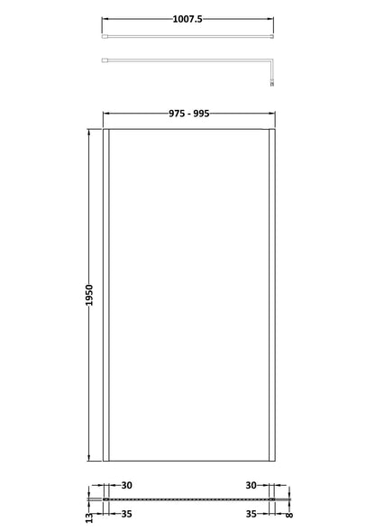 Hudson Reed 1000mm Framed Brushed Brass Wetroom Screen With Support Bar