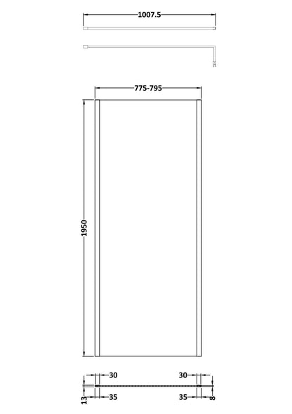 Hudson Reed 800mm Framed Matt Black Wetroom Screen With Support Bar