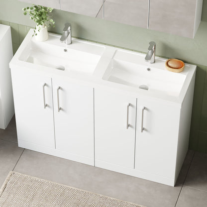 Nuie Arno 1200mm Gloss White Floor Standing 4 Door Vanity & Double Basin With Handles