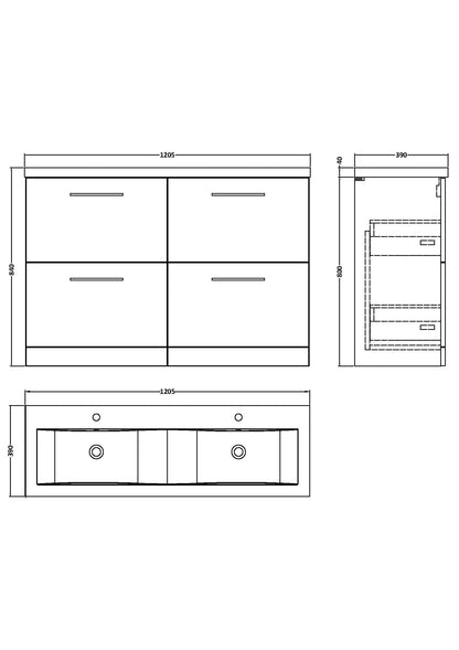Nuie Arno 1200mm Floor Standing 4 Drawer Double Basin Vanity Unit