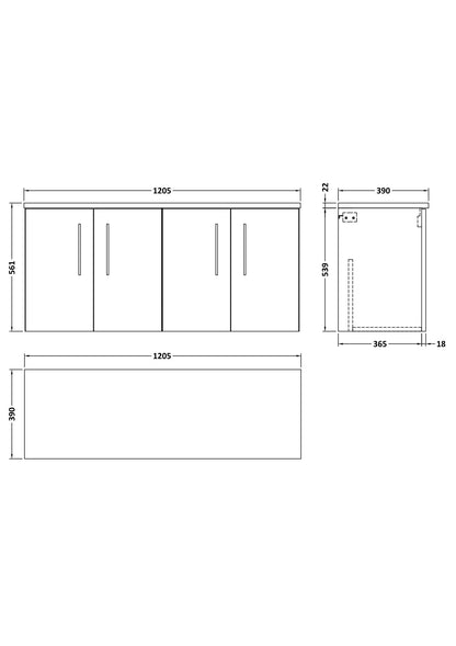 Nuie 1200mm Charcoal Black Wall Hung 2-Door Vanity Unit With Laminate Worktop