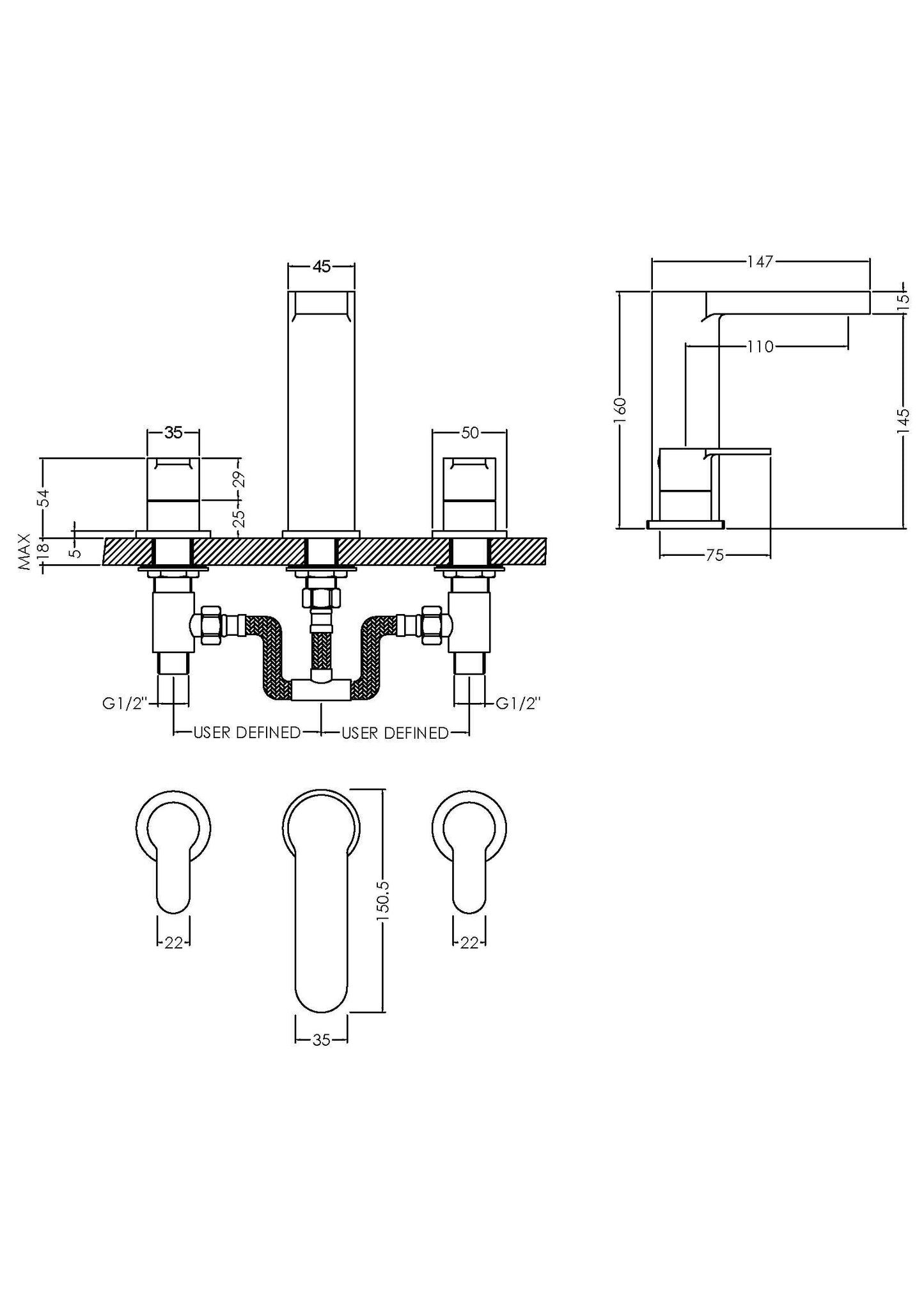 Arvan Deck Mounted 3 Tap Hole Basin Mixer With Pop Up Waste
