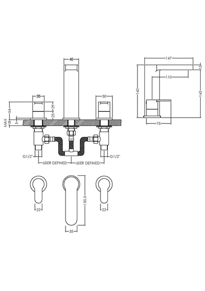 Arvan Deck Mounted 3 Tap Hole Basin Mixer With Pop Up Waste