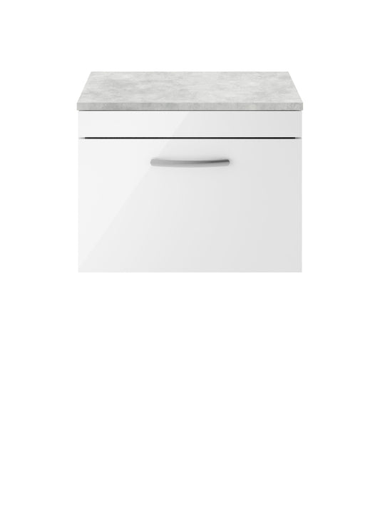 Nuie Athena 600mm Wall Hung Single Drawer Vanity Unit With Grey Worktop & Handle