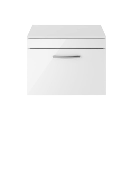 Nuie Athena 600mm Wall Hung Gloss White Single Drawer Vanity Unit With Worktop & Soft Close Drawers